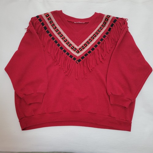 Vintage Fringe Red V Neck Sweatshirt Size 1X Shoulder Pads Boxy Western Plus - Picture 6 of 6