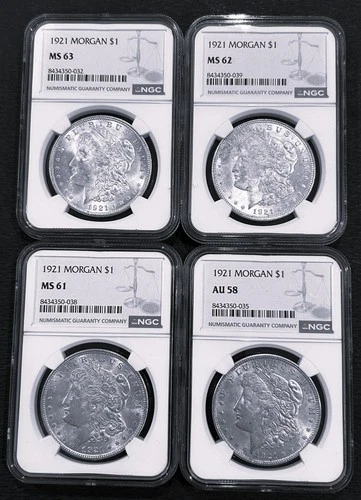 Four - 1921   MORGAN  SILVER  DOLLARS - Certified MS63, 62, 61, AU58