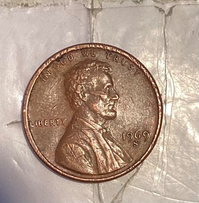 1969 S Mint Mark Lincoln Penny  1 Cent Reverse erased