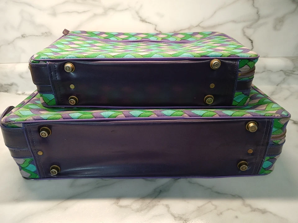 (2) Juego de maleta/equipaje BOHO retro de lona hippie MOD de los años 70, hecho en Japón Foto 4 de 4