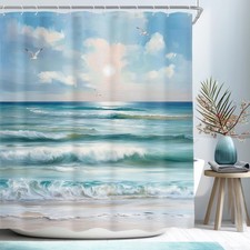 Teal Beach Ocean Shower Curtain Abstract Blue Sea Wave 60x72 Inch 12 Hooks