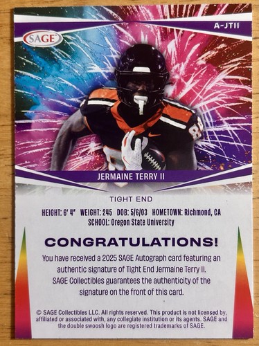 2025 Sage High Series Red Auto Jermaine Terry II - #A-JTII Rookie NY Giants - Picture 2 of 2