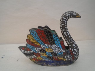 Fabulous large cloisonne enamel brass swan GREAT ATTIC FIND Unusual antique