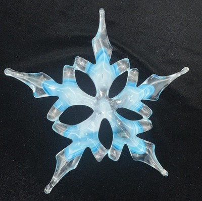 Handblown Art Glass Snowflake Ornament Ice Blue Winter Holiday Decor Signed 7.5''