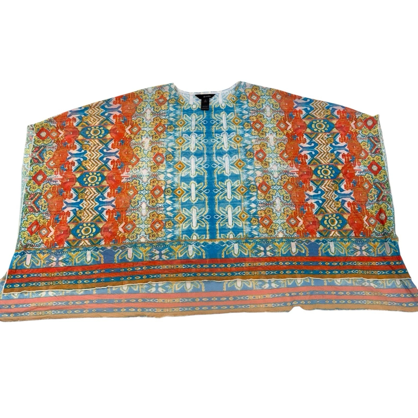 Ali Miles Poncho Womens Sz MD Orange Blue Sheer Stretch Mature Southwestern Boho