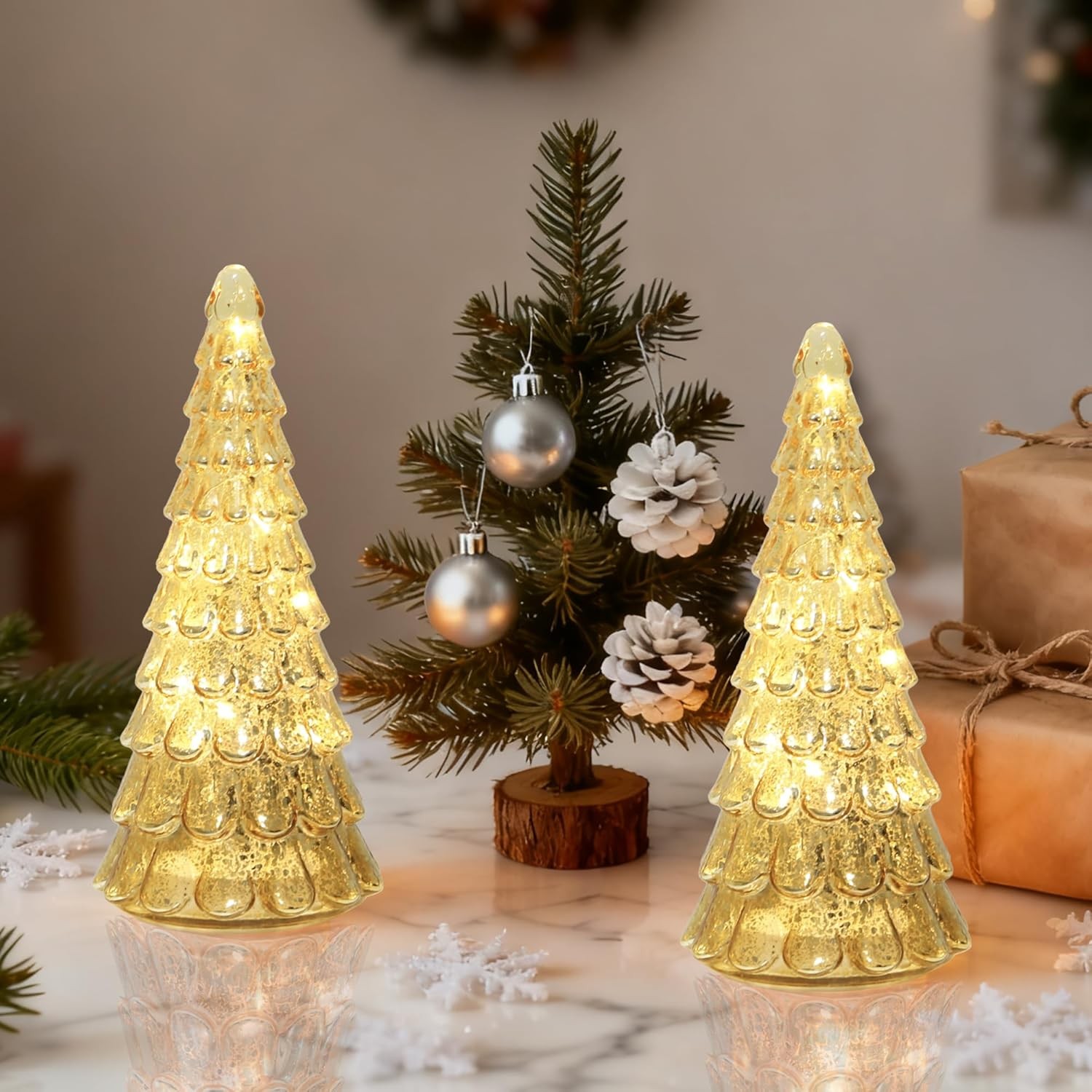 Glass Christmas Tree with LED Light for Home Decoration, Silver Mercury Decorati