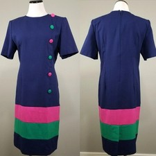 VTG 80s 90s Willow Ridge Colorblock Dress 12P Navy Pink Green Mod Officecore USA