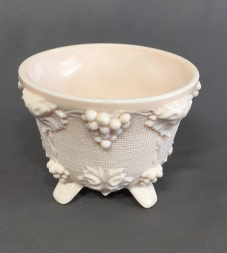 Vintage Jeannette Shell Pink Milk Glass Footed Candy Dish Grape/Leaf - NO LID