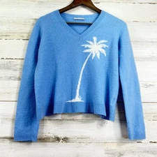 ALASHAN 100% Cashmere Blue Palm Tree V Neck Sweater Womens Size M