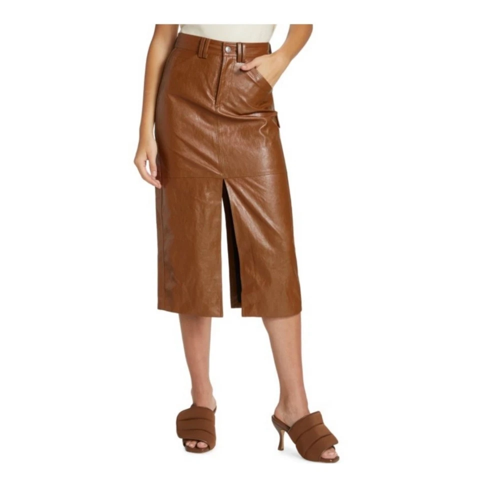 A.L.C. Brown Faux Leather Midi Skirt Front Slit Utility Pockets Size 6 - Image 2 of 4