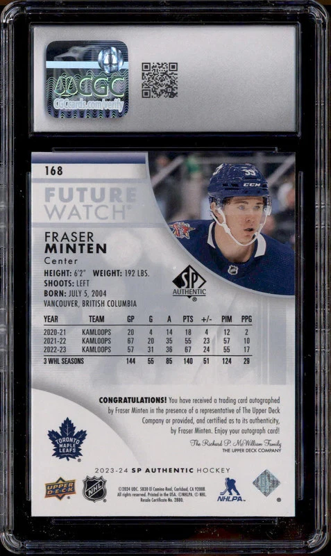 2023-24 SP Authentic Future Watch Rookie Auto Fraser Minten RC /999 CGC 10 - Image 2 of 2
