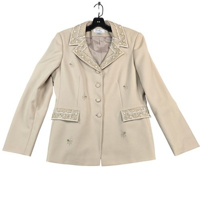 Emily Jacket Womens 12 Beige Beaded Embellished Dressy Blazer Formal Evening