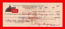 1952 Coca Cola Tell City Ind Old Bottling Co Check #67