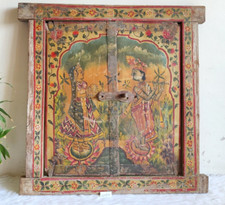Vintage Radha Krishna Architectural Hand Painted Wooden Window Collectible WN290