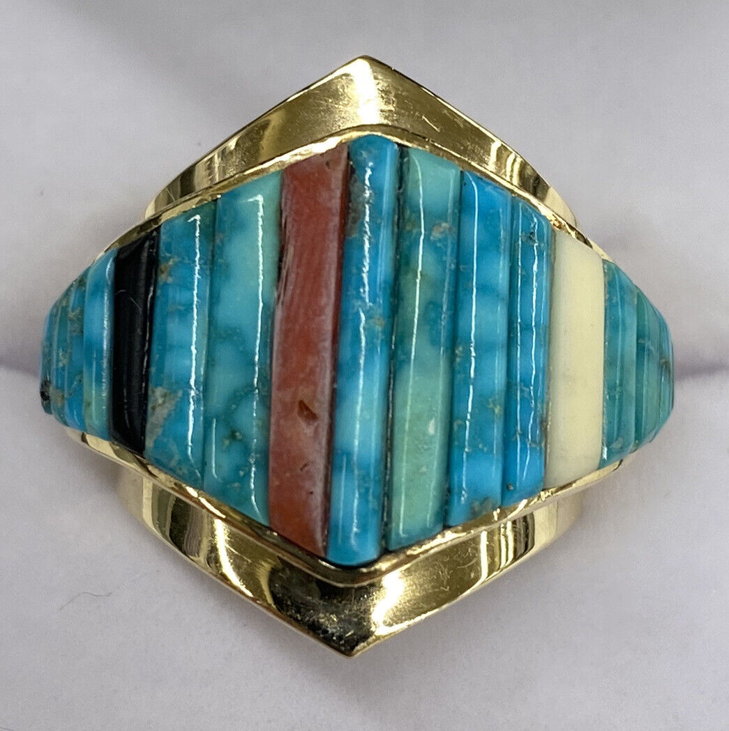 14k Gold Vintage Native American Navajo Size 7.5 Turquoise Inlay Ring 14k Gold Vintage Native American Navajo Size 7.5 Turquoise Inlay Ring