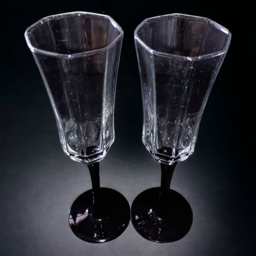 Luminarc Flutes Champagne Wine Glasses Octime Black Stem Octagon Vintage France  - Picture 1 of 13