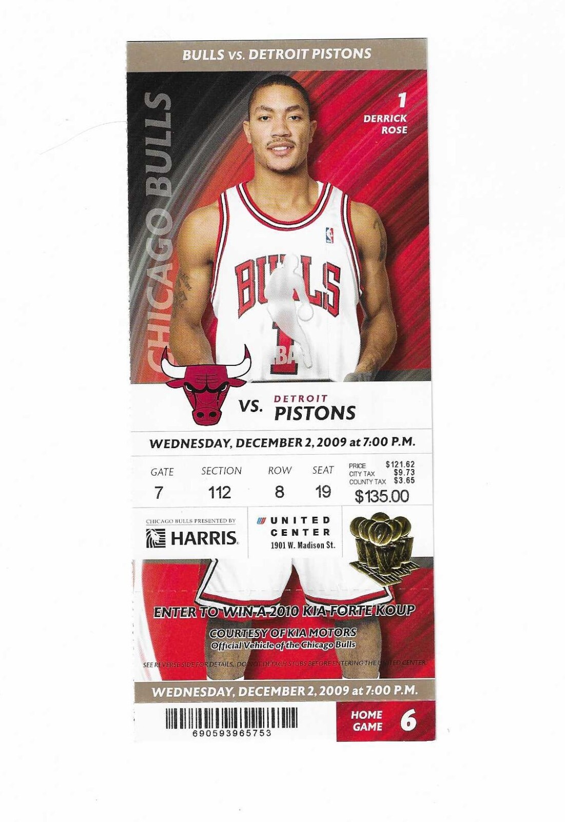 Chicago Bulls vs Detroit Pistons Unused Basketball Ticket from 12/2/2009