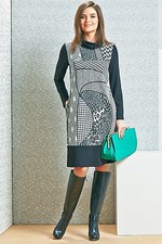 COWL NECK WORK DRESS Black Printed Pocket Tunic Dress Long Sleeve Made in Europe