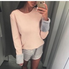 Zara | NWT Faux Fur Sleeve Faux Suede Top Trim Light Pink Grey Gray Pullover M