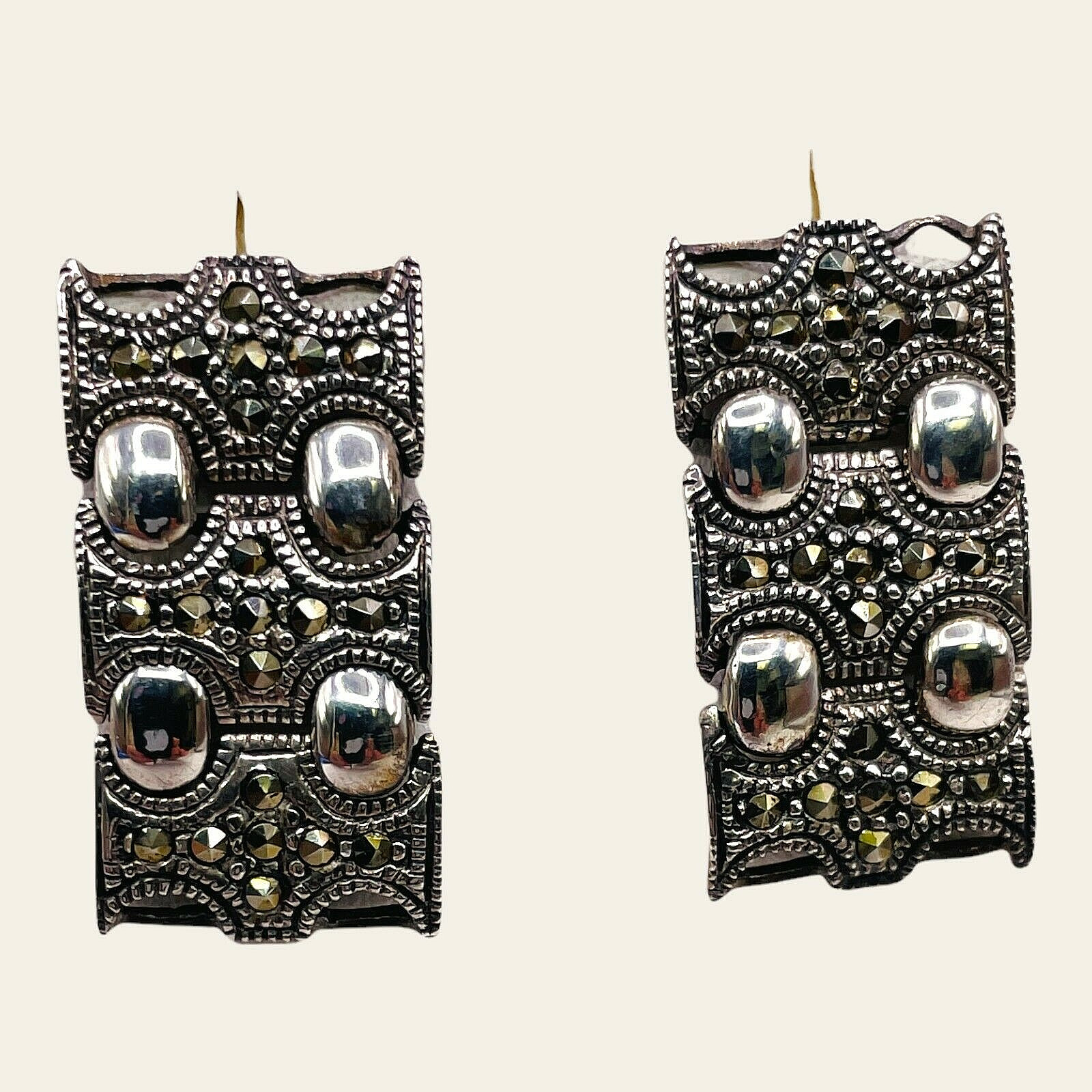 925 Sterling Silver Large Rectangular Marcasite P… - image 1