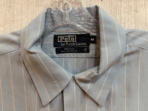 Polo Ralph Lauren Silk Shirt Mens Medium Blue w Stripe Button Front Made in USA - Picture 4 of 9