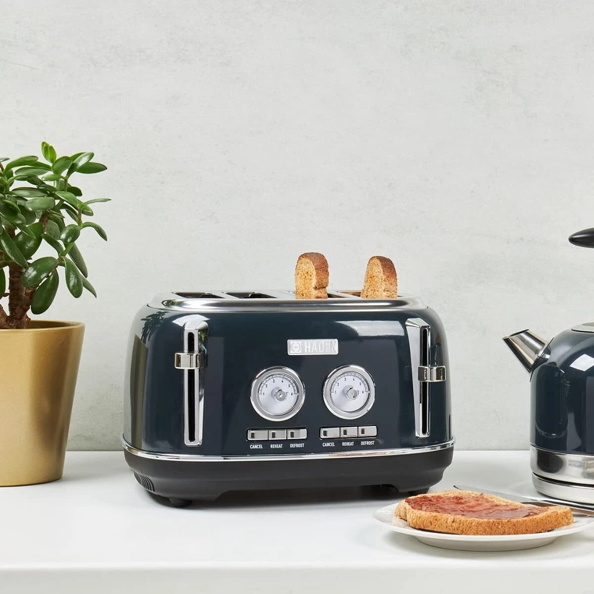 Dark blue kettle and cheap toaster