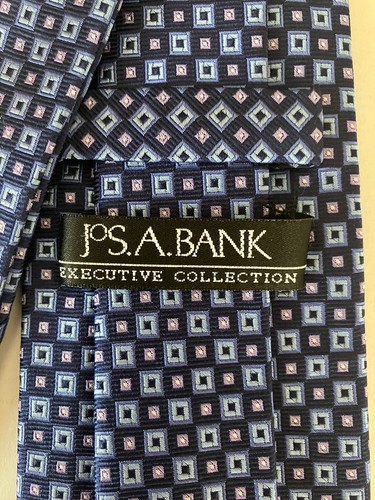 Jos. A. Bank Men's Necktie Tie Silk Hand Made Blue White Squares Geometric - Picture 4 of 6