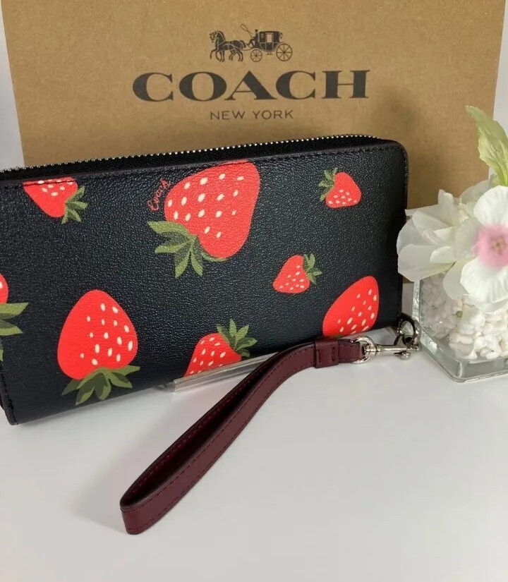 COACH Black Wild Strawberry Long Wallet Round Zip with Strap Rare