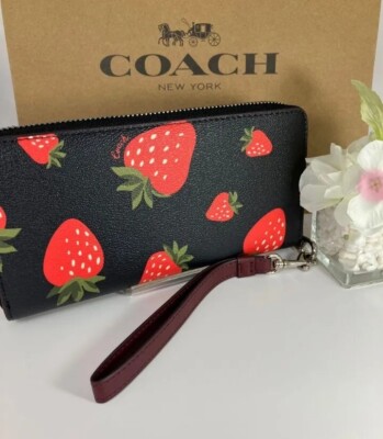 COACH Black Wild Strawberry Long Wallet Round Zip with Strap Rare