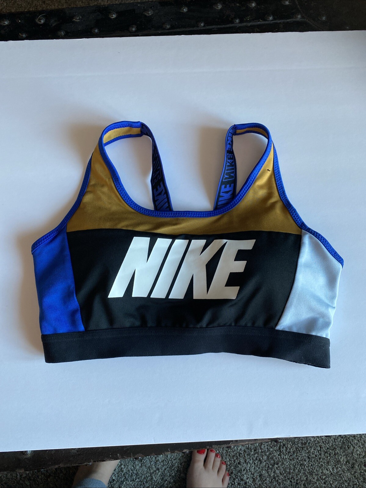 Nike Sports Bra Womens Small Black Gold Blue Dri-Fit Athletic-image