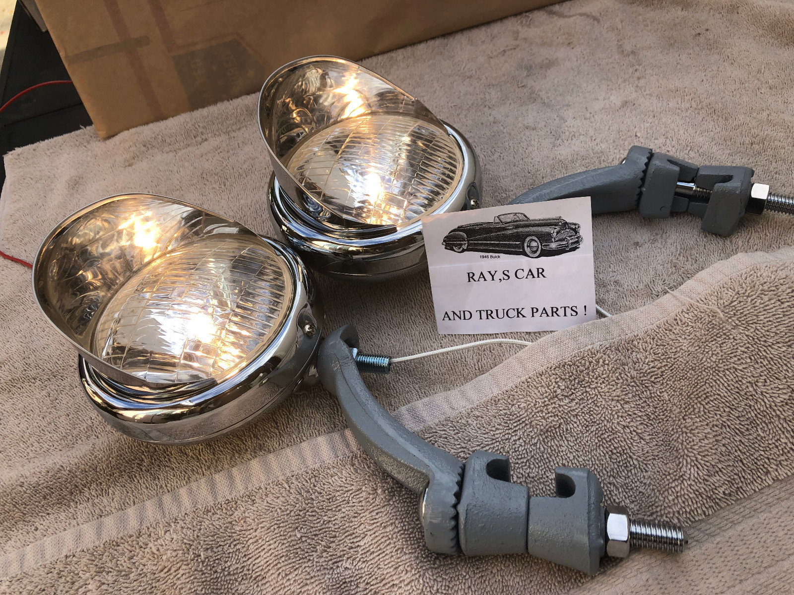 PAIR 6 VOLT SMALL VINTAGE STYLE FOG LIGHTS / VISORS AND GRAY BRACKETS