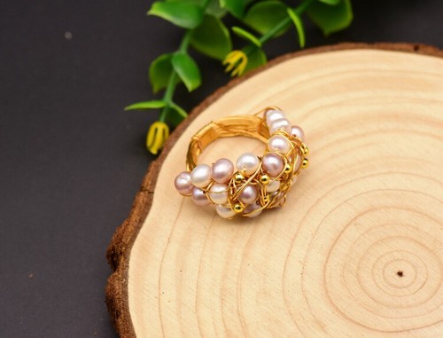 B15 Dorato Anello IN Gewickeltem Filo con Rosa Perla Perle di Acqua Dolce - Imagen 3 de 4