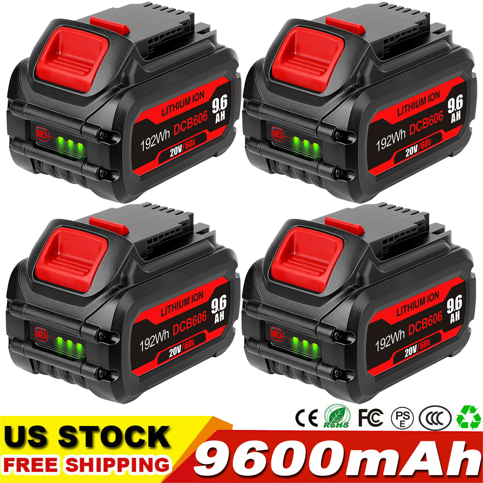 4Pack 9.6Ah Lithium Battery For DEWALT 20V/60V Flexvolt DCB612 MAX DCB606 DCB609