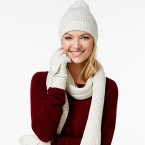 Speckled Pom Pom Beanie Hat Ivory 