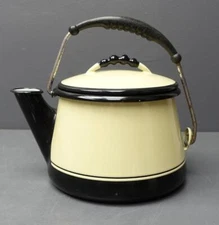 Rare Vollrath Kook King Ware Vtg Enamelware 12 Cup Tea Kettle Pot Ivory/Black