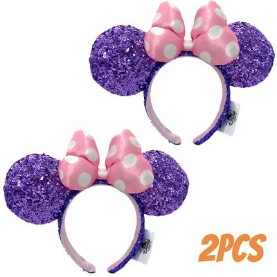 Disney- Pink Polka Dot Cute Bow Princess Minnie Ears Purple Sequin Headband 2pcs