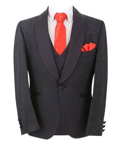 Boys Tuxedo Patterned Suit Slim Fit Page Boy Wedding Formal 3 Piece Set - Picture 28 of 38
