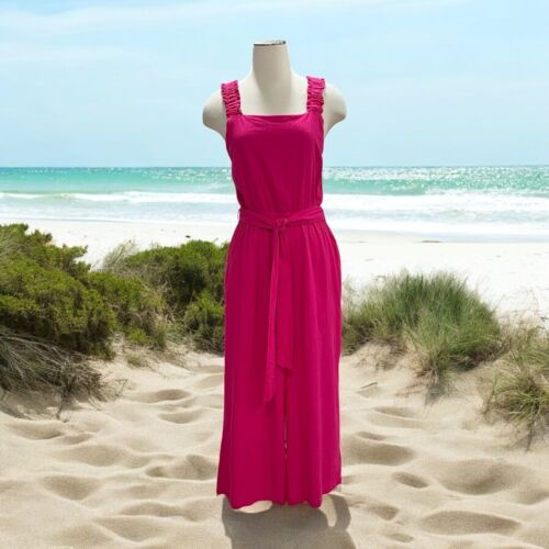 Pink Wide Leg Linen Blend Jumpsuit Ruffle Straps Tie Waist Beachy Boho Chic
