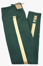 Victoria's Secret PINK COTTON HIGH WAIST LEGGINGS Green Gold Foil Stripe XL NEW