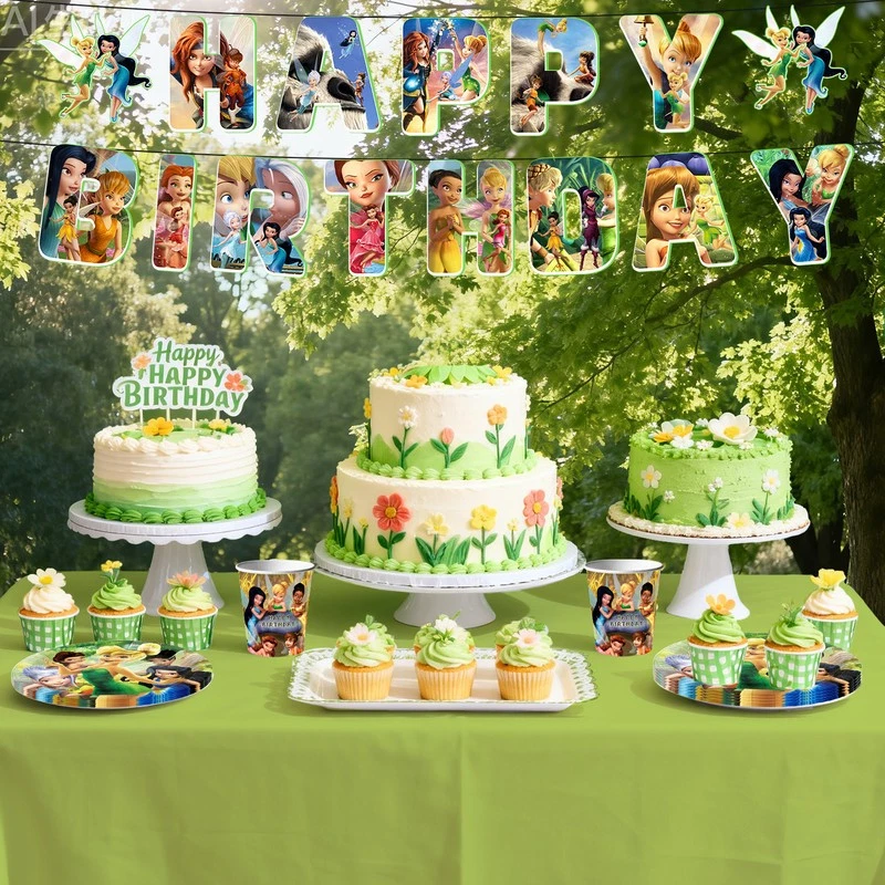 Louça para decoração de festa Sininho, 113 peças toalha de mesa de aniversário Sininho - Imagem 3 de 4