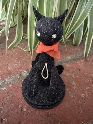 Vintage Halloween Mica  Cardboard Black Cat Green Eyes & Orange Bow Japan  ~4 H