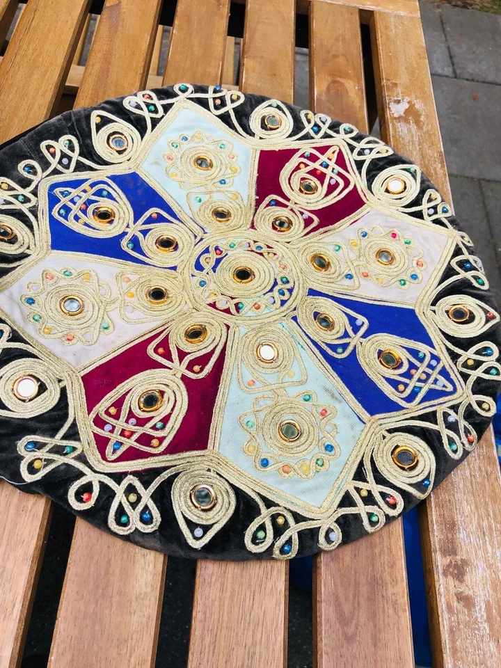 Pair of Moroccan Mirrored Hand Embellished Velvet Pillows Circle - Image 3 of 4