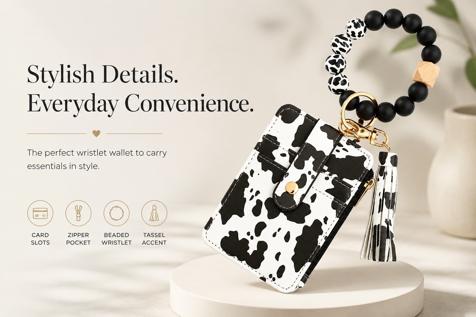 Black & White Cow Print Wristlet Wallet w/ Beaded Strap, Tassel, Zipper