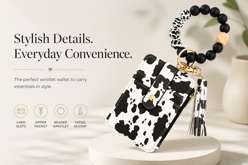 Black & White Cow Print Wristlet Wallet w/ Beaded Strap, Tassel, Zipper