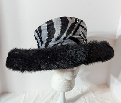 Mr. Hi's Women's 100% Wool Black Hat w/ Faux Fur & Zebra Print Rhinestone Band
