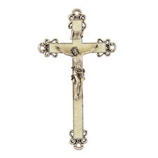 White Pearlized Epoxy Floral Cross Crucifix with Pewter Christ Corpus, 10 Inch