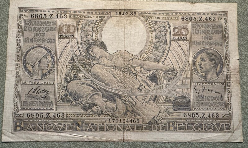 BELGIUM BANKNOTE 100 FRANCS/20 BELGAS 15.07.39