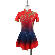 Figure Skating Dress Women Girls Ice Skating Skirt Red Gradient Costume