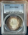 1879-S PCGS MS66 Morgan Silver Dollar.  Beautiful Toning.  Frosted Portrait.