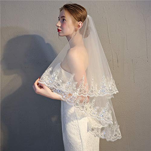White Sequined Bridal Veil 2 Tier Fingertip Length Lace Edge  display picture 1